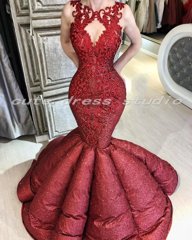 Robe de soirée Sexy en dentelle bordeaux, tenue de soirée sirène à paillettes, sans manches, tenue de fiançailles, 2021