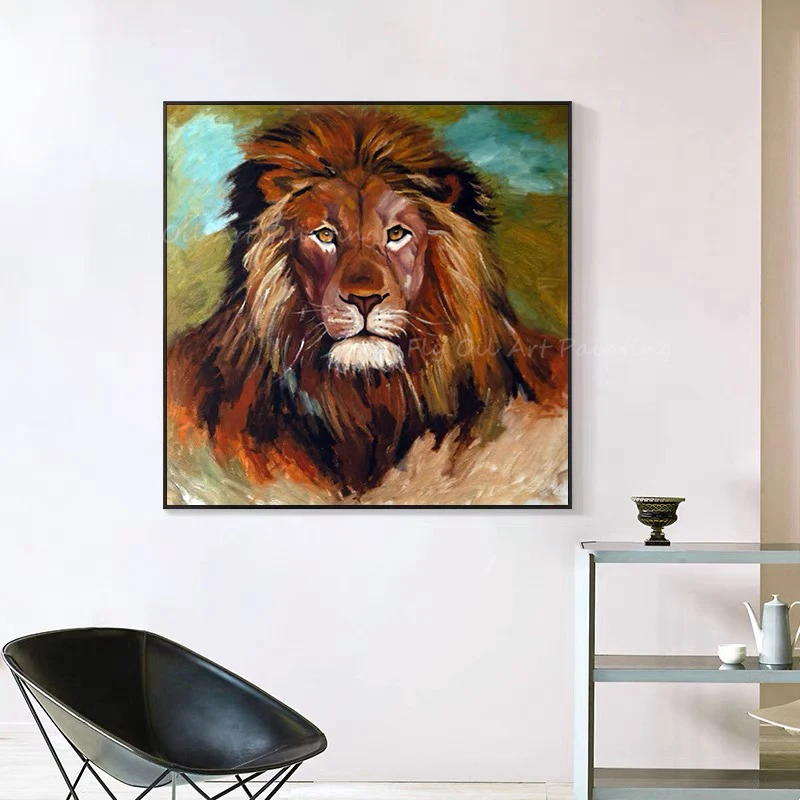 

100% Handmade lion face cool animal with brown canvas pop design oil painting for home office decoration