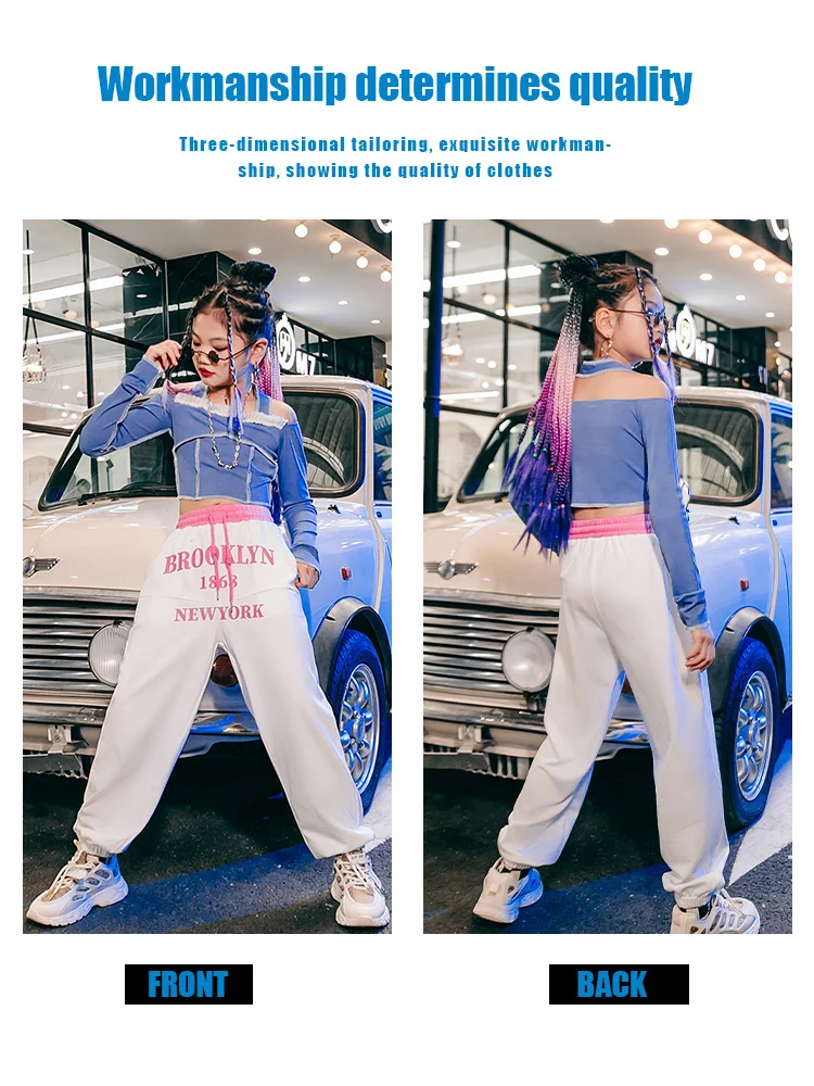 ZZL  K-pop Performance Wear 2 Pcs Urban Dance Girl Clothes Jazz Dance Suits Hip-hop Outfits Blue Halterneck Top Sports Pants