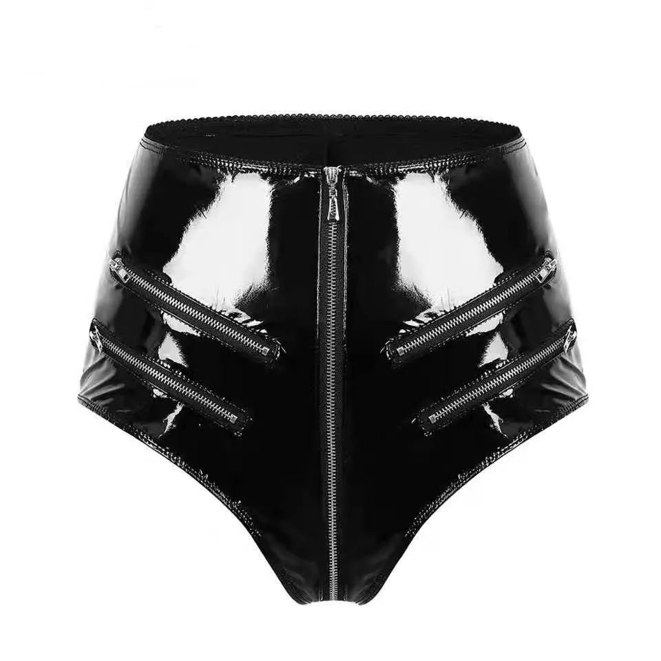 Women Sexy Opening Crotch Leather Short Pants For Sex Erotic Below Crotchless Underwear Glossy Zipper Latex Bag Hip Pants Sexi