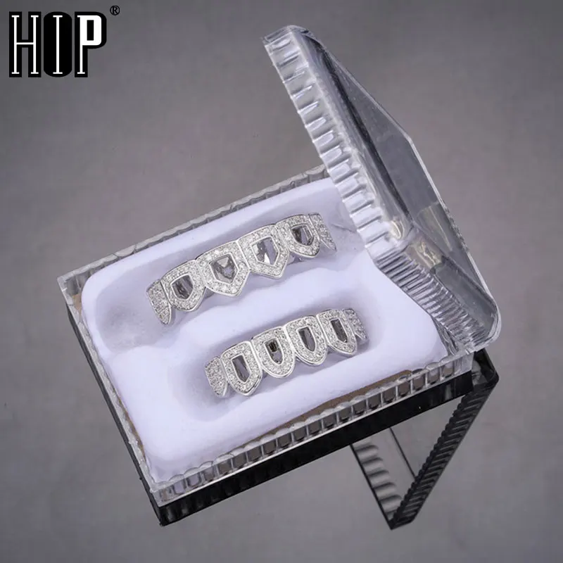 Hip Hop Iced Out Teeth Grillz Cubic Zircon Micro Pave Top & Bottom Charm Grills Set Teeth Caps For Men Women Jewelry Box Packing