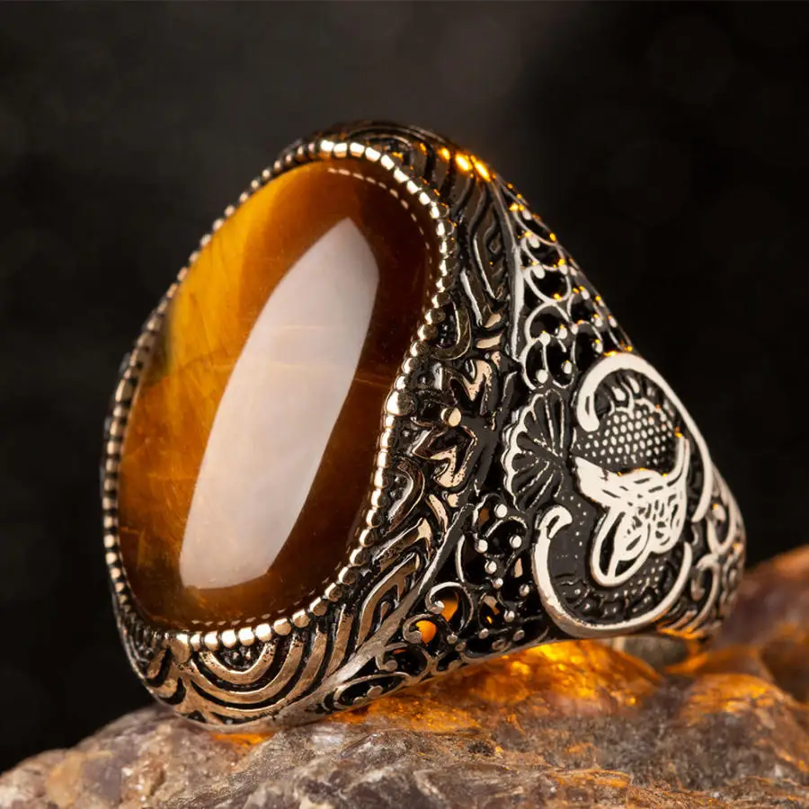 Silver Ottoman Tughra Mens Ring with Brown Tigereye Stonework Fashion Turkish Premium Quality Handmade Jawelery