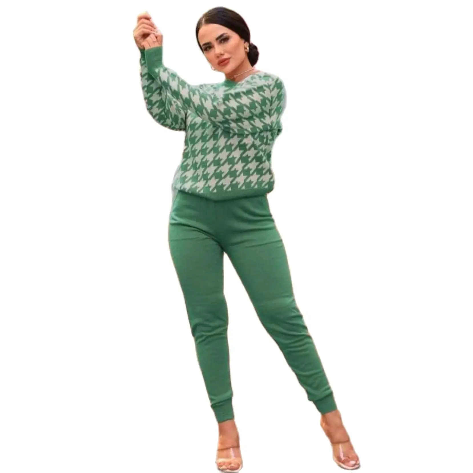 

2 Piece Women's Knitted Sports Set Crowbar Patterned Long Sleeve Sweater and Comfortable Pant Sportive Set Knitwear Turkey