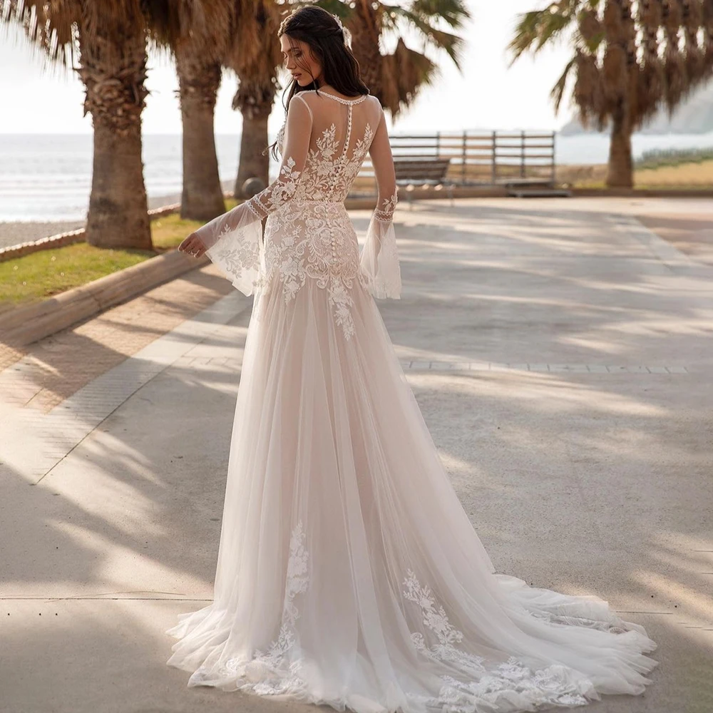 Vestido de novia de tul de encaje bordado hecho A medida, línea A romántica, abertura alta, mangas largas de campana, cuello en V, apliques, vestidos de novia