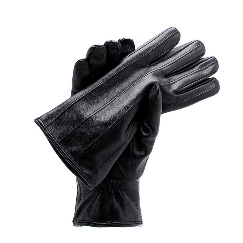 Black Winter Leather Genuine Gloves for Men QUALITY GUARANTEE Wool Fleece Lined Warm Gloves Lambskin HANDMADE WINDPROOF