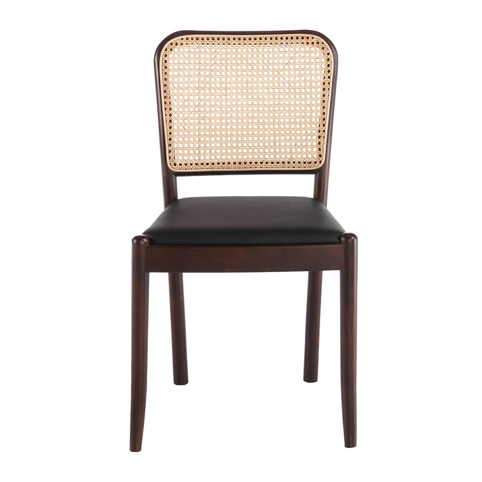 Angel Cerdá 4094 chair-solid ash chair painted in walnut color with seat upholstered in black polyskin and rattan grid backrest. 25kg/m3 Injected Polyether Foam Filling Seat