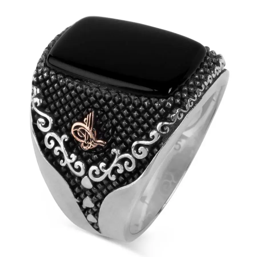 925 Sterling Silver Black Onyx Ring with Tughra on sides Fashion Turkish Premium Quality Handmade Jawelery