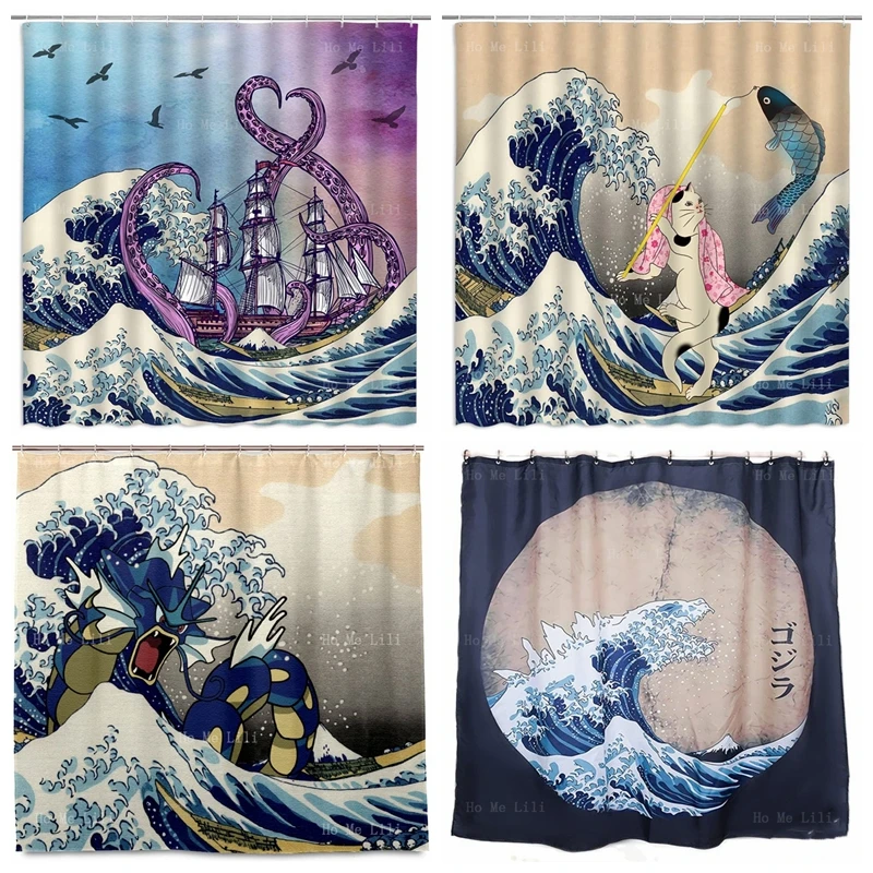 Funny Cat Octopus Japanese Anime Kraken Monster Hokusai The Great Waves Kanagawa Antique Ocean Scenery Shower Curtain