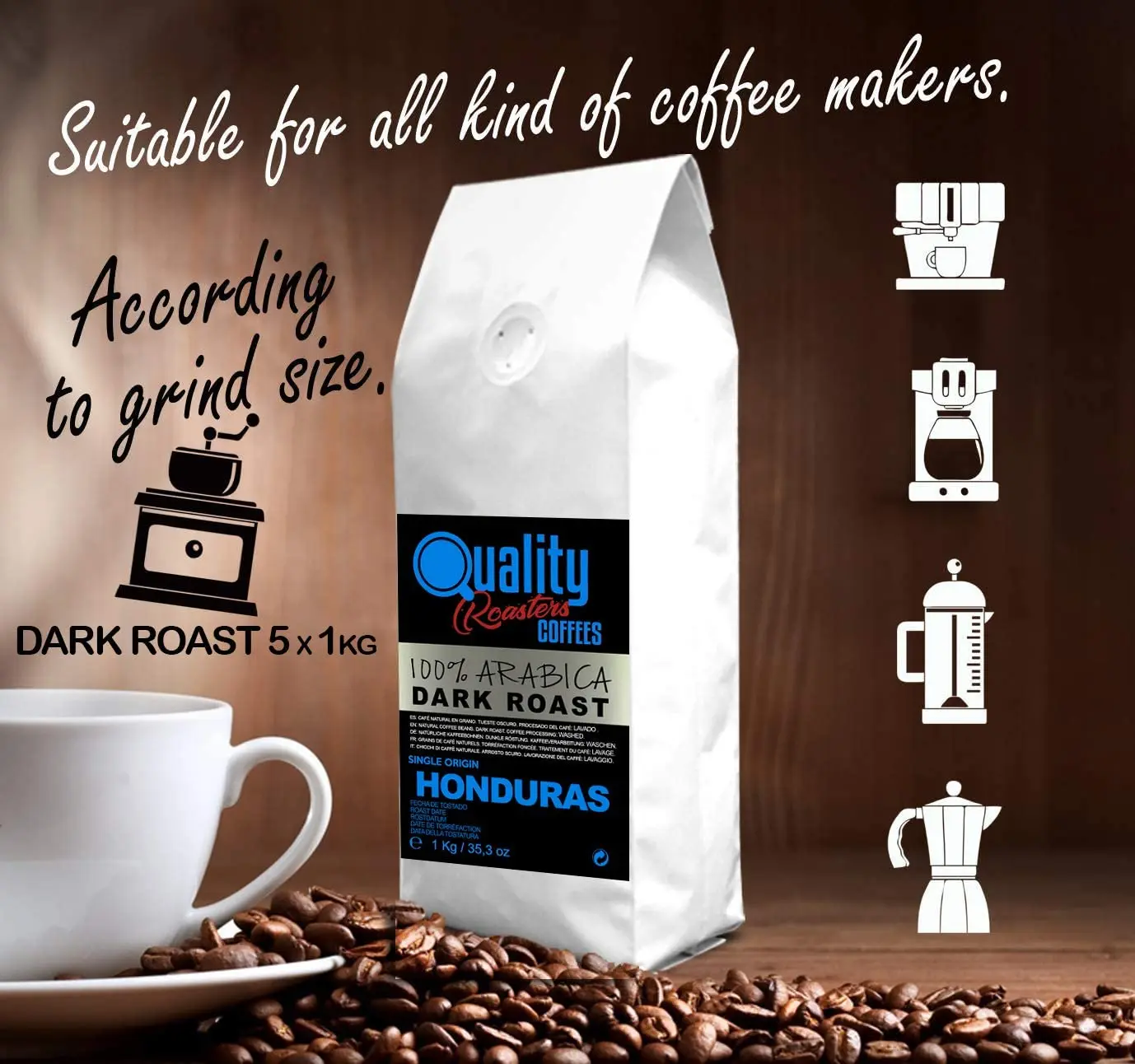 Café en grano natural. Tueste Oscuro. 100% Arabica. Origen Honduras, Pack 5KG