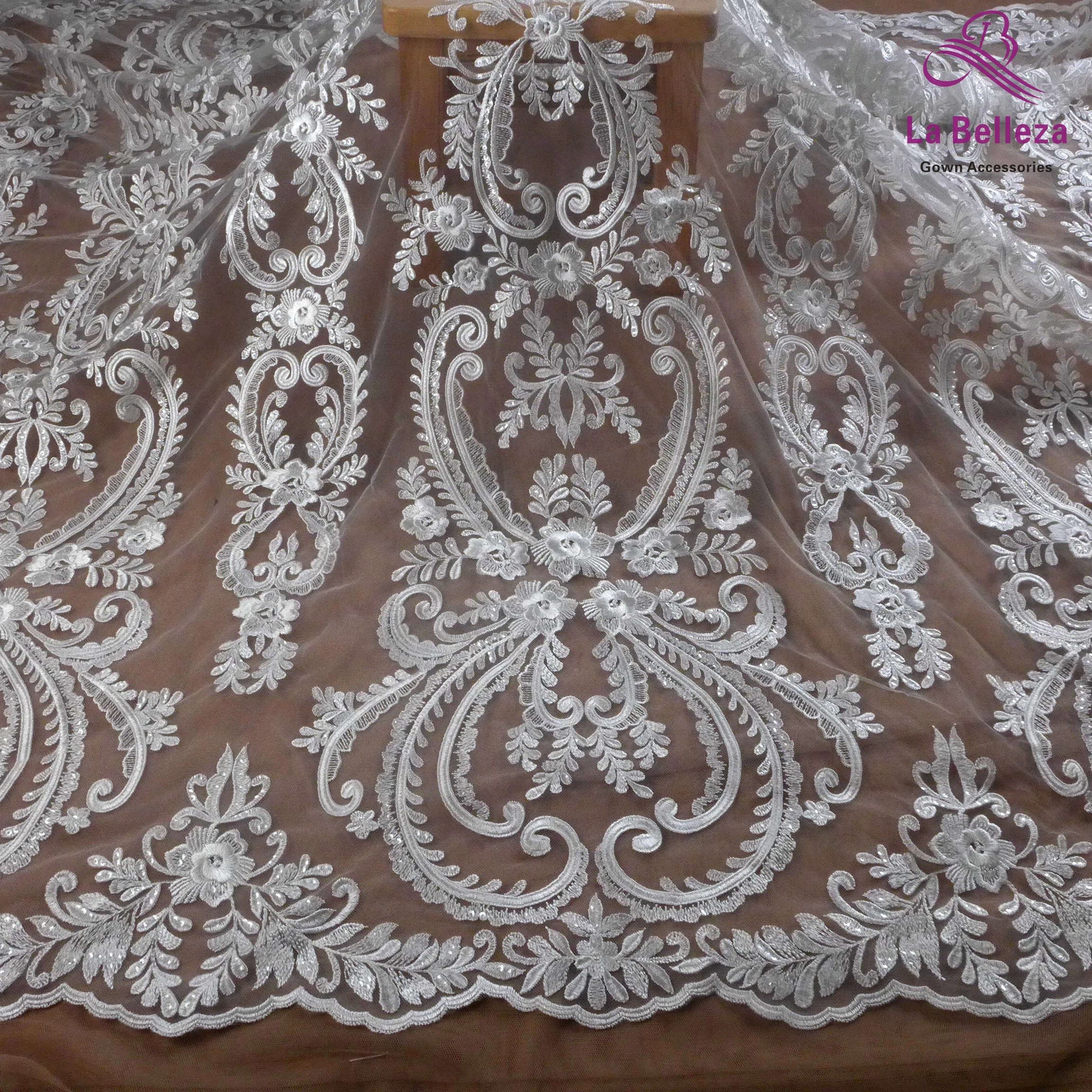 La Belleza new lace fabric,heavy embroidery bridal lace fabric,rayon with clear sequins large patterns lace fabric 1 yard