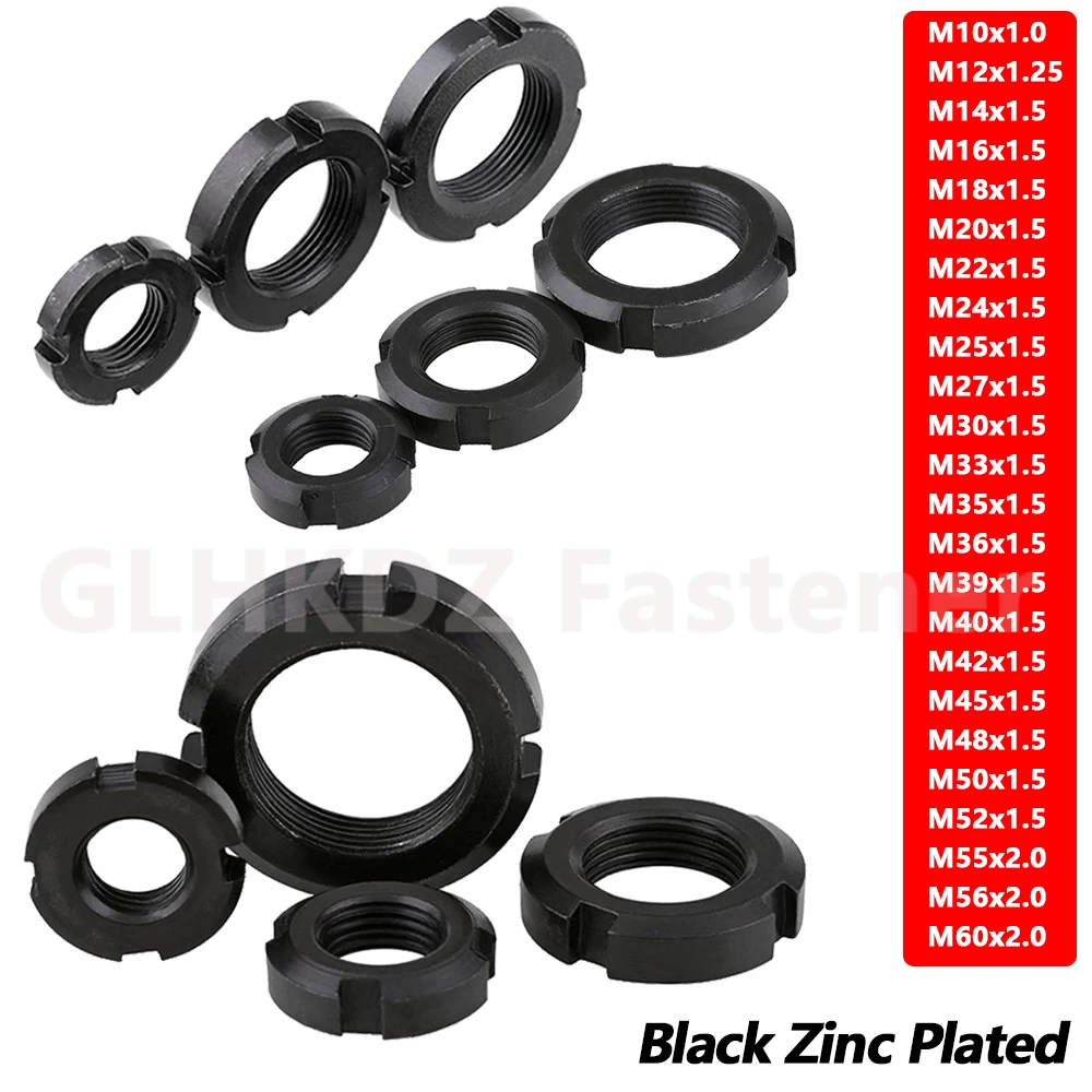 M10 M12 M14 M16 M18 M20-M60 Fine Thread Round Locknut Slotted Nut Retaining Castle Nut For Bearing Black Zinc Plated Steel GB812