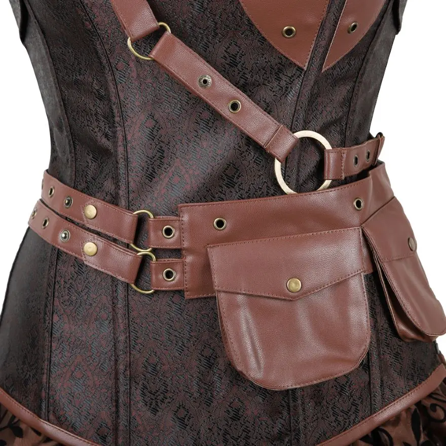 Sexy Women Steampunk Gothic Corset Dress Vintage Corset Overbust Leather Bustier Top With Asymmetric Floral Skirt Pirate Costume