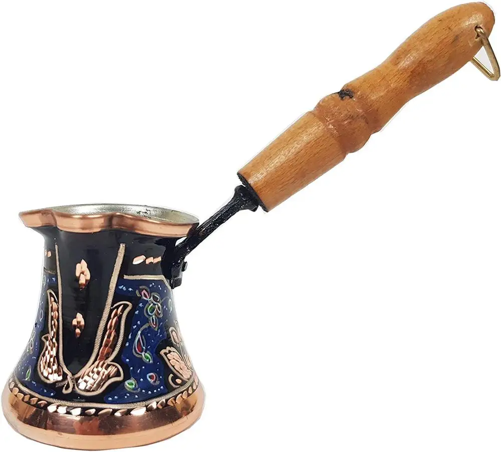 Turkish Coffee Pot Maker Kettle and Arabic Copper Pot Espresso with wooden handle 3 oz FREE SHİPPİNG