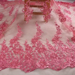 La Belleza 1 yard  Pink cord with sequins on irregular Dark pattern net embroidery lace fabric