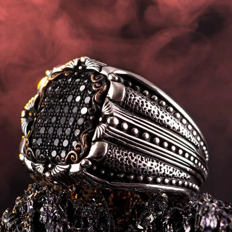 Mini Black Stone 925 Sterling Silver Men's Ring Fashion Turkish Premium Quality Handmade Jawelery