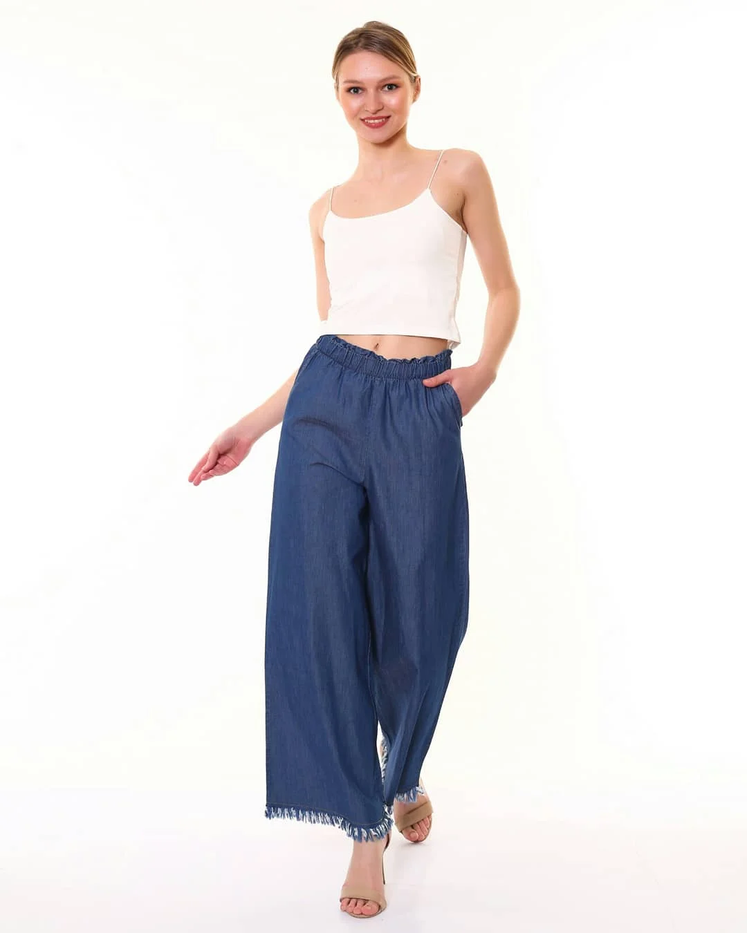 Diaves Woman Summer Fashion High Elastic Waist Wide Leg Blue Jeans Pants