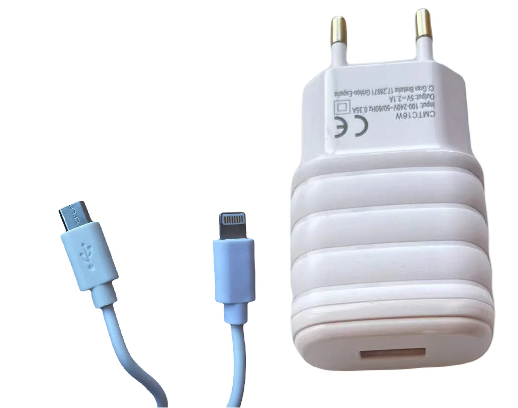 Cargador de Telefono Movil Compatible Iphone Apple +  Android Micro USB Blanco de Corriente Casa 2.1A