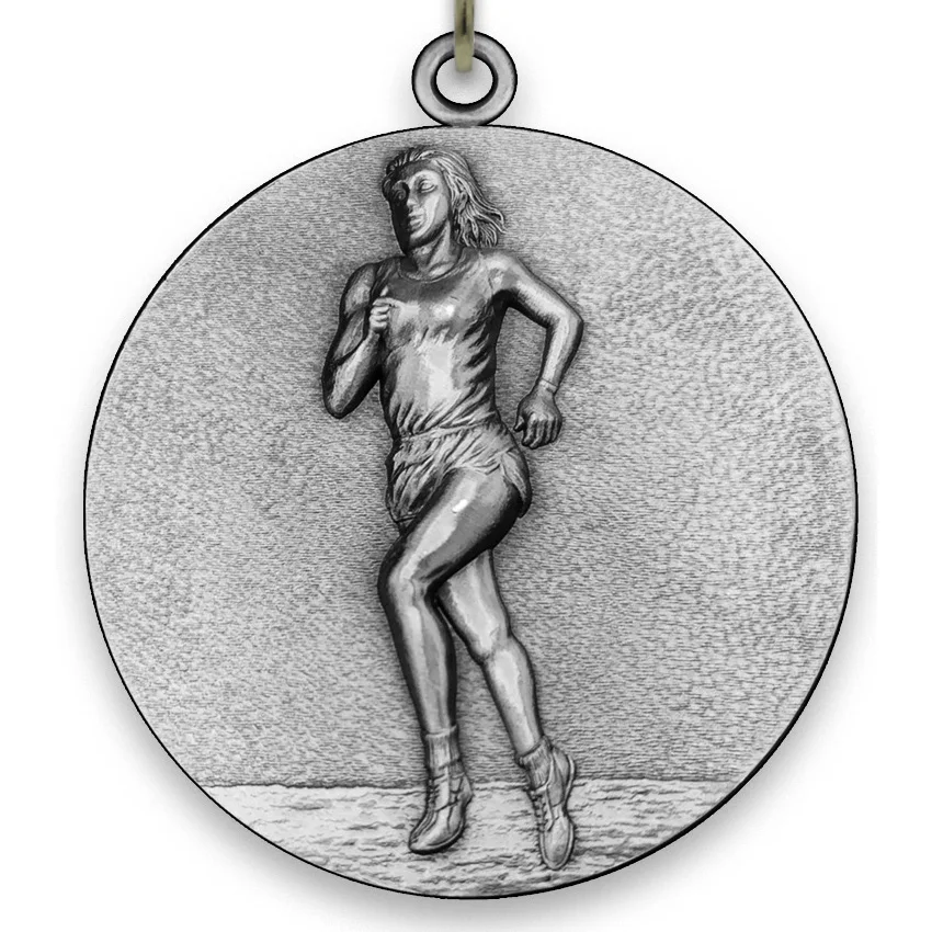 Large Metal Running Female Silver Medal - 6,4 cm - with Neck Ribbon size 2.2cm x 80cm - Choice of Ribbon Colours.