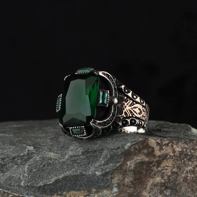 

Male Baget Gemstone Green Zircon Stone 925 Sterling Silver Ring Special Design 2022 Summer Winter Fashion Trend Accessories Products Free kargo