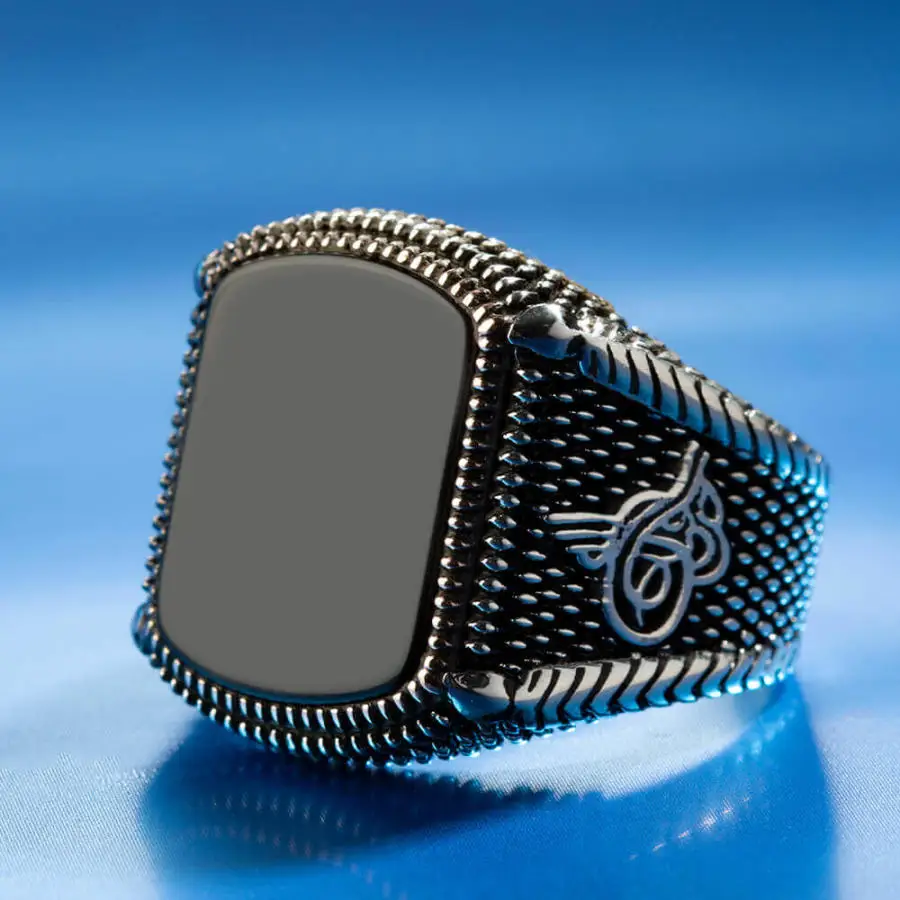 925 Sterling Silver Ottoman Tughra Mens Ring with Black Onyx Stone Fashion Turkish Premium Quality Handmade Jawelery