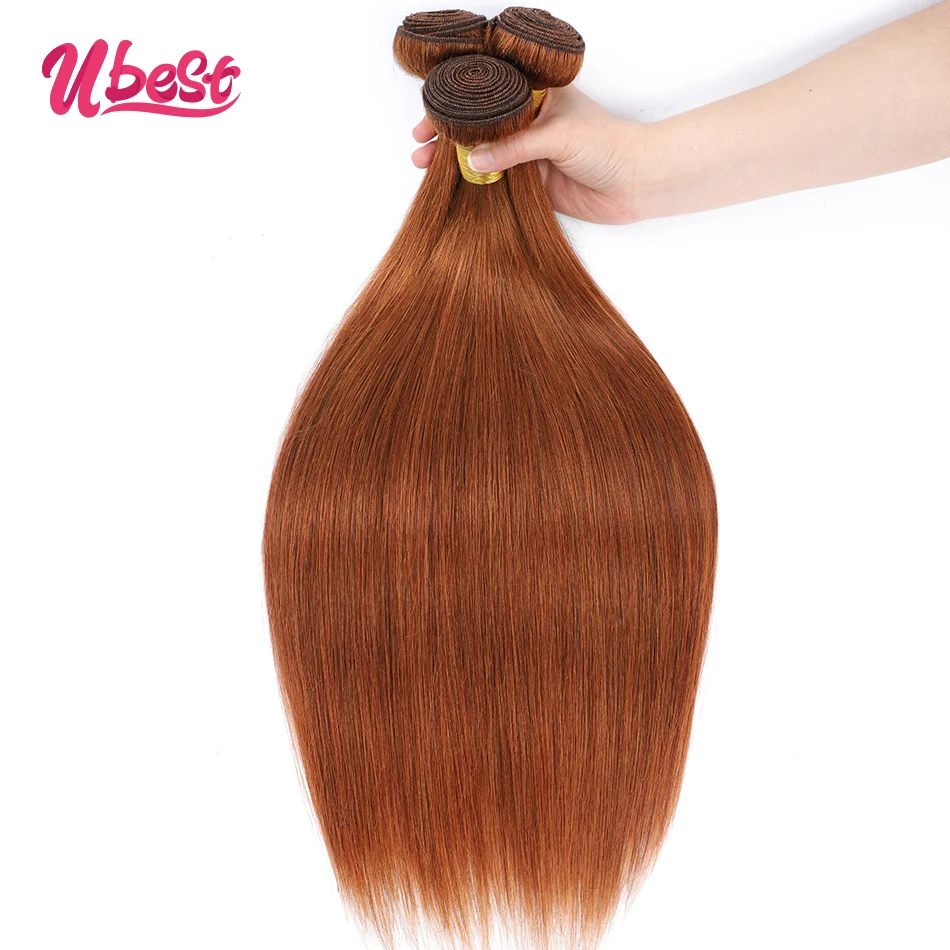 Ubest gengibre brown em linha reta com 4x4 fechamento do laço pacote de cabelo humano com fechamento pacotes de cabelo reto brasileiro com fechamento