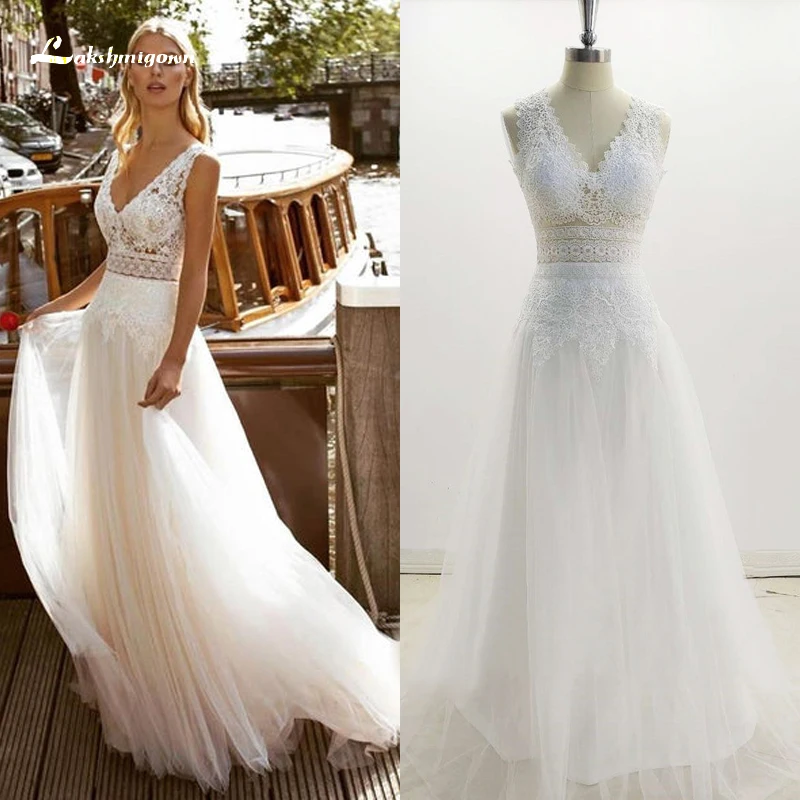 Boho Spitze Hochzeit Kleider 2022 Brautkleider Ärmelloses Sweep Backless Tank V-ausschnitt Tüll Bodenlangen Appliques Dame Robe