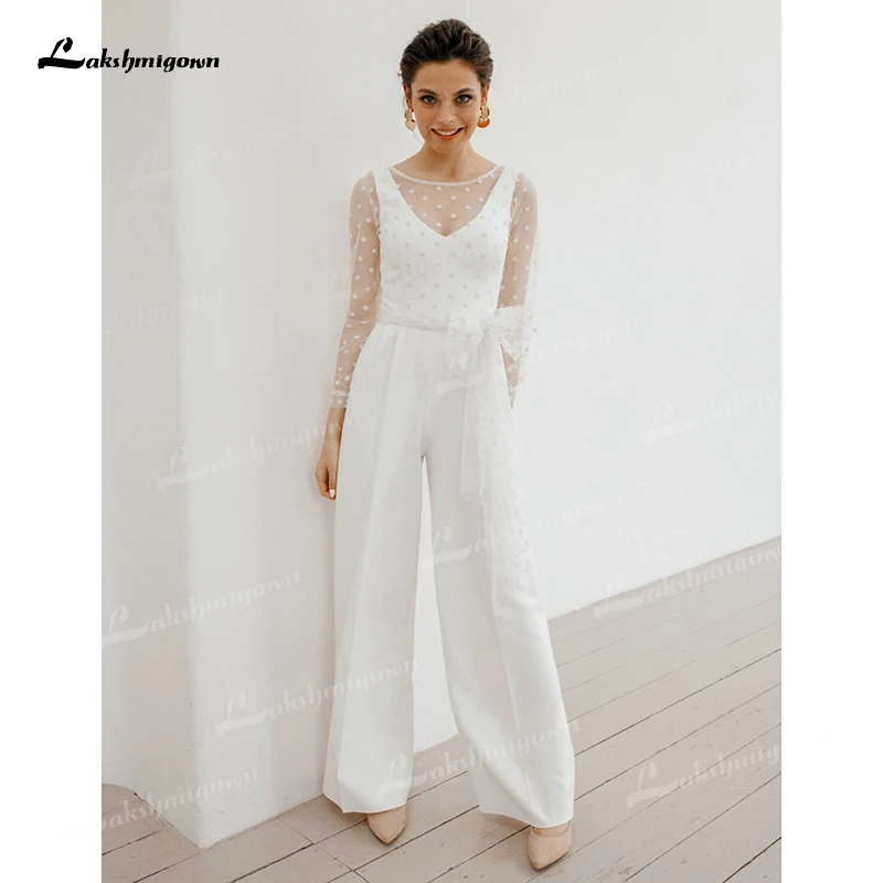 Modern Two Piece Set V-neck Full Cap Sleeve Lace Jumpsuit Wedding Dress 2023 Satin Bridal Gown Button Ankle-Length Sashes Bow