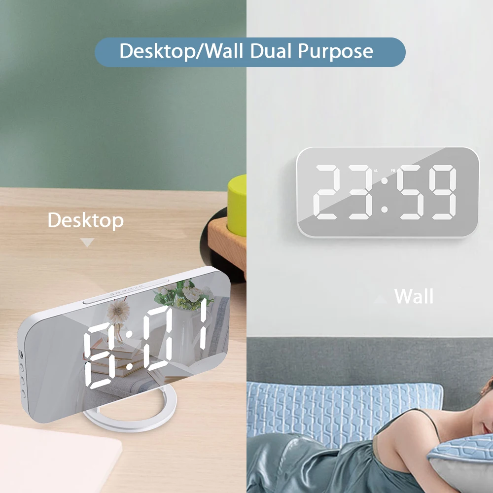 ดิจิตอล LED นาฬิกาปลุกกระจก2พอร์ต Charger USB Night Light LED นาฬิกา Snooze ฟังก์ชั่นปรับความสว่างโต๊ะนาฬิกา