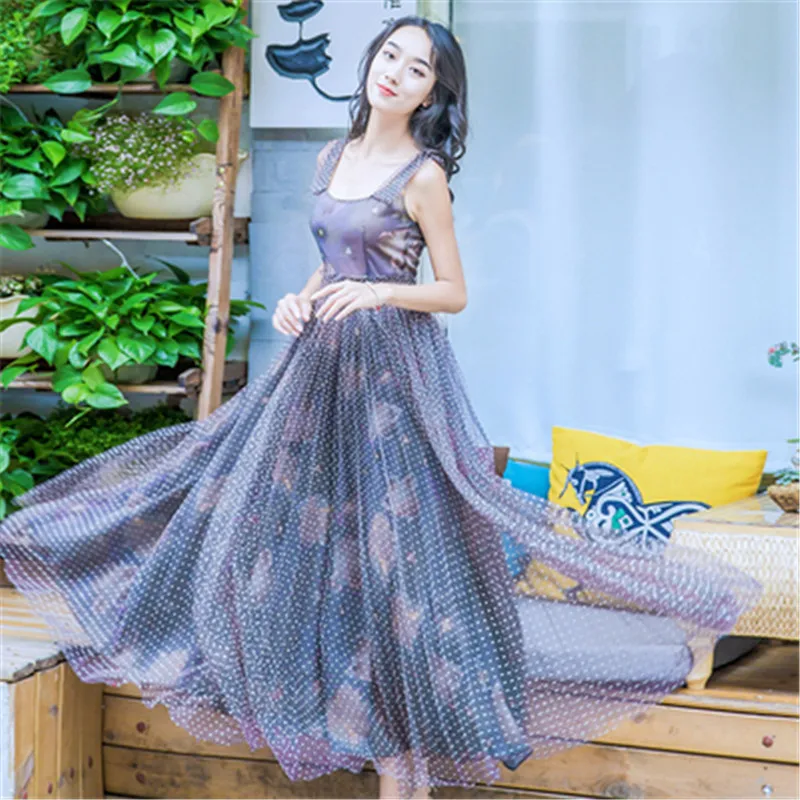 Real shot Korean summer new sling fashion popular wave dot printing mesh splicing big swing dress holiday fairy long dress