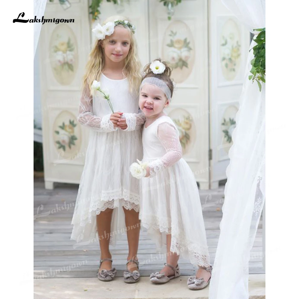 Cute Simple Flower Girl Dress Bridesmaid Baby Girl Gown Princess Lace Hi-Lo Wedding Communion Party 2022