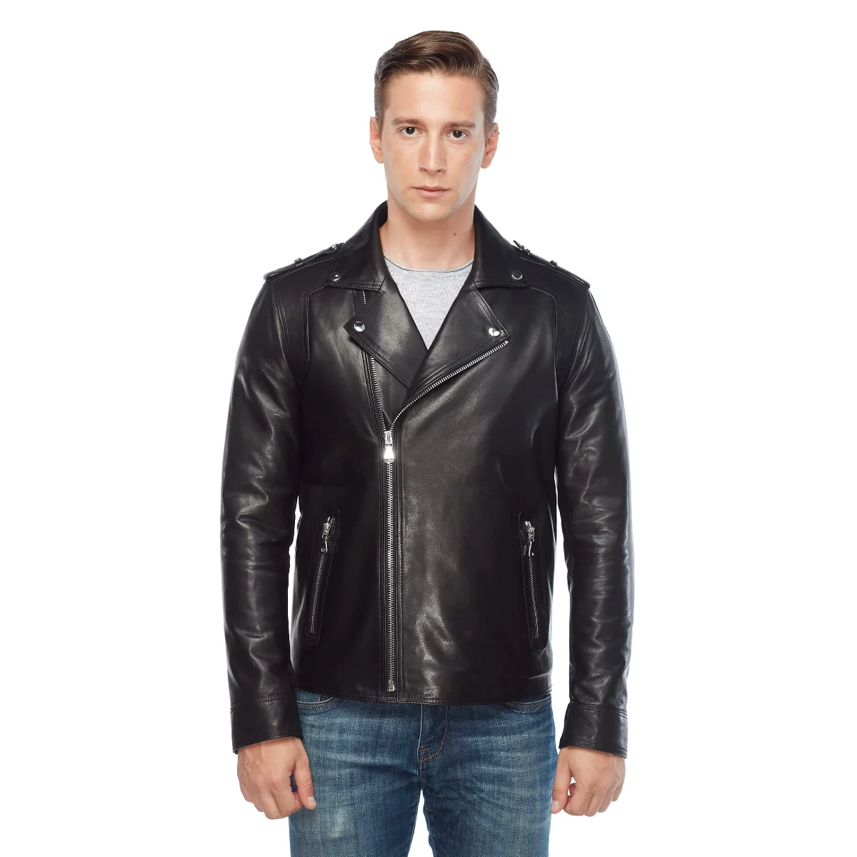 Biker Men 'S Genuine Leather Coat Black Original Lambskin Autumn Winter 2022 Biker Slim Large Size VintageTürkiye