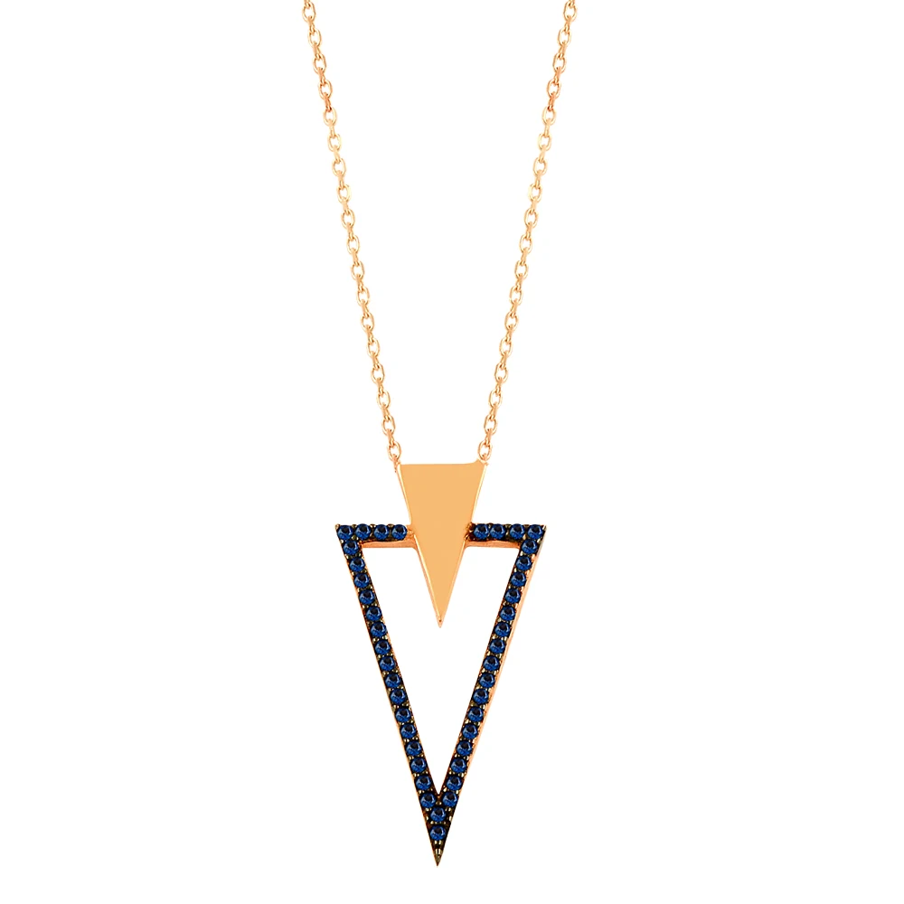 Triangle Necklace Pyramid Necklace Women Necklace Art Deco Necklace 925 Sterling Silver Arrow Art Design Blue Zircon Rose Gold