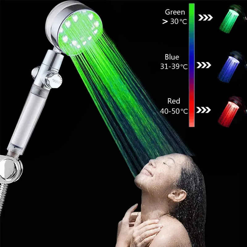 Led Shower Head High Pressure Rainfall With Stop Button Water Saving Hand Held Changing Temperature Control Sensor With Filter