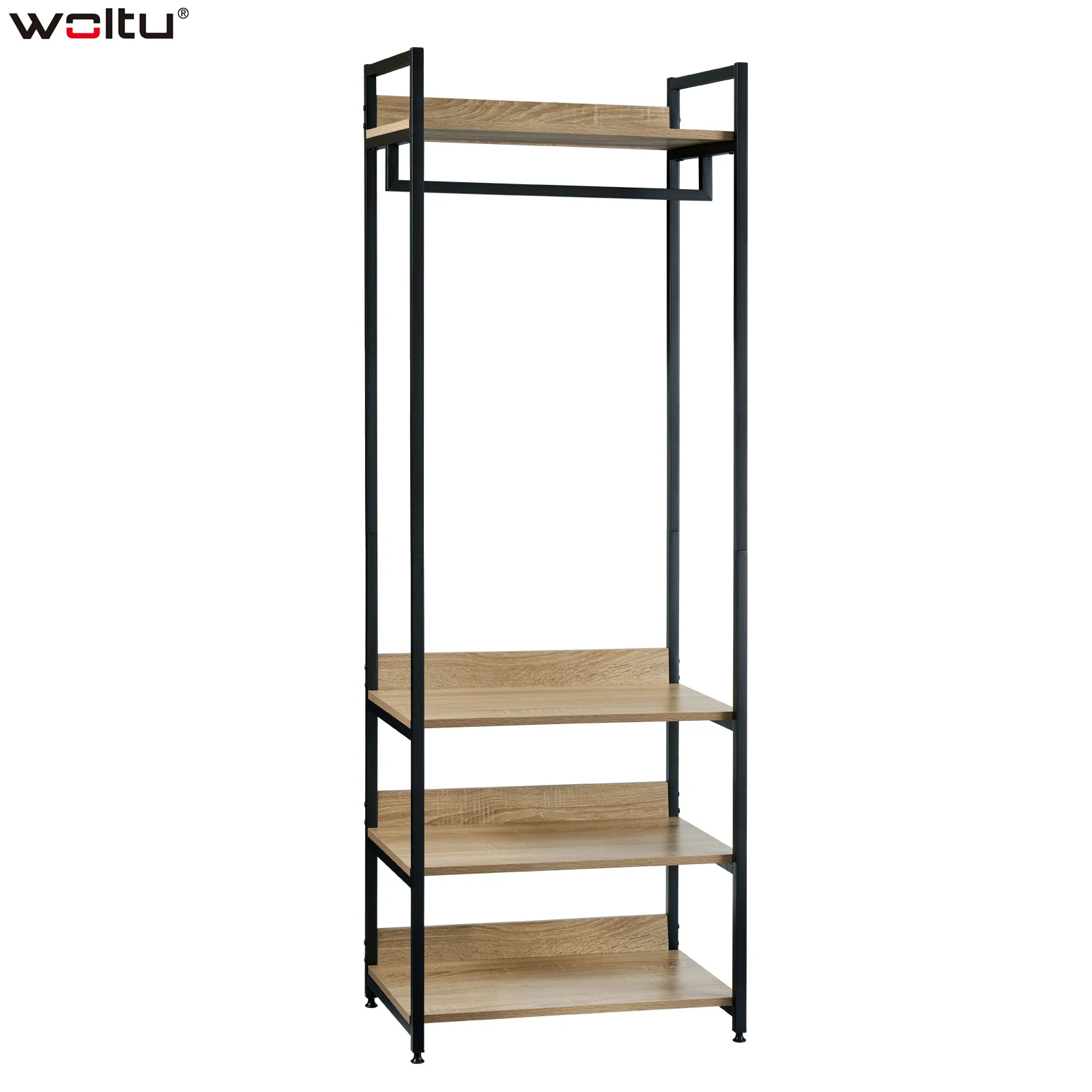 Light Oak Black/White Coat Rack Closet Wardrobe Clothes Rail with 3 Shelves Shoe Rack Hanger Hanging Clothes Bedroom