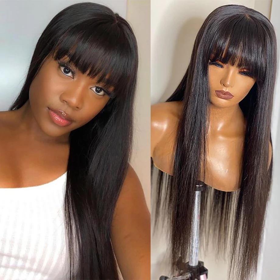 Bone Straight 100% Human Hair Wig With Bangs 28 30 Inch Fringe Bob Wig Human Hair Wigs Cheap Long Brazilian Wigs For Women