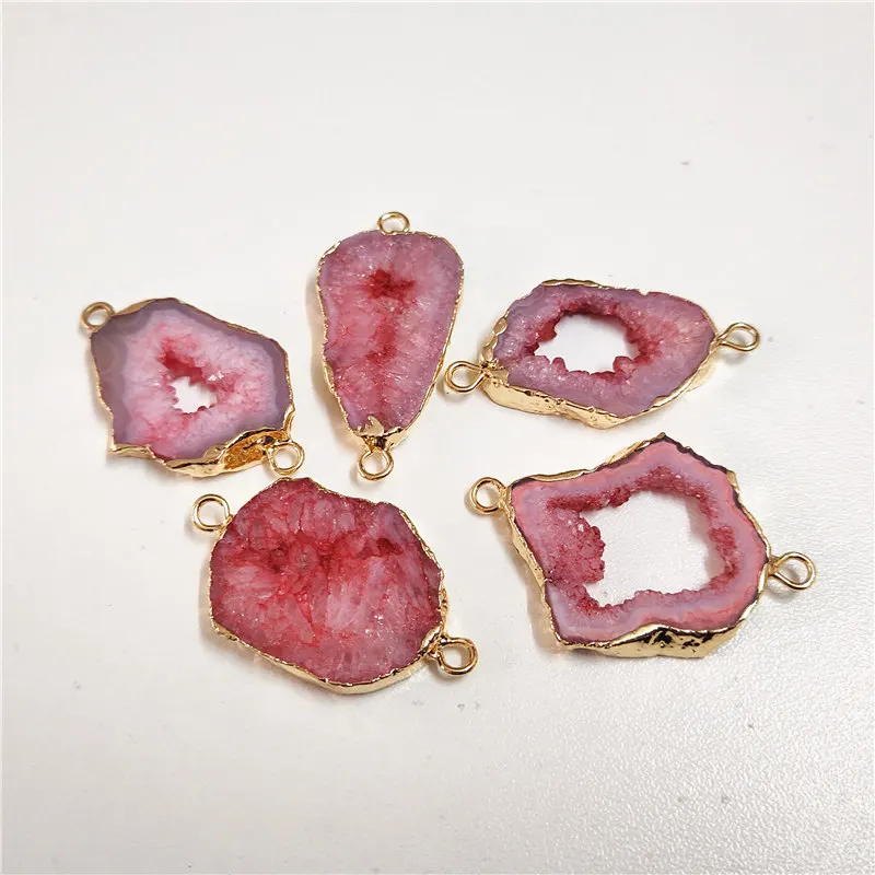 FUWO Natural Druzy Agates Slice Connector With Golden Plated Geode Charm Accessory For Bracelet Making PD228