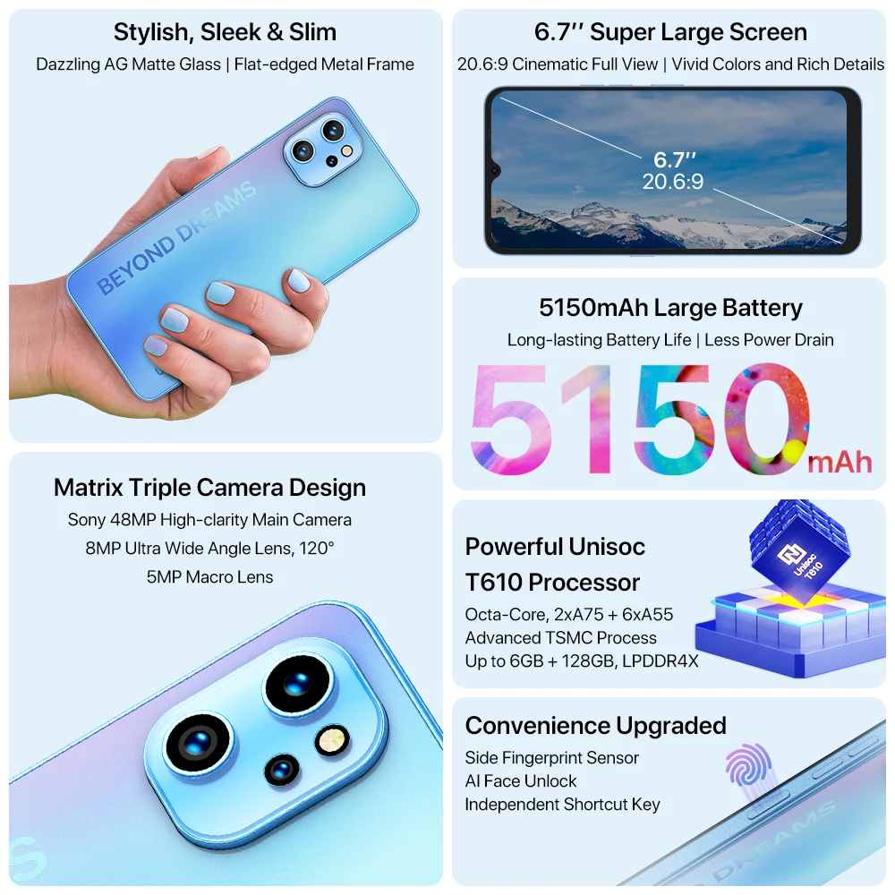 UMIDIGI-A13 Pro Unisoc Unisoc T610 Unlocked Smartphone NFC 48MP Triple Camera 128GB 6.7 "Display 5150mAh Global Version