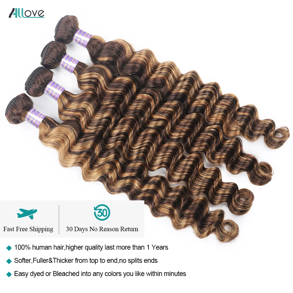 Allove-extensiones de cabello humano brasileño, mechones de ondas profundas sueltas, 4/27 rubio miel, marrón, Remy