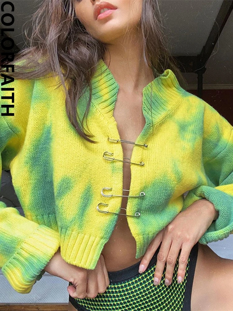 Colorfaith New 2022 Y2K Pin Tie Dye Vintage Cardigans Cutout Fashionable Women\'s Autumn Winter Sweaters Short Tops SWC3075JX