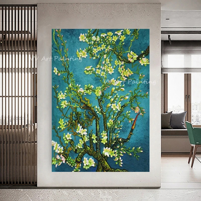Original Hand-Painted Almond Blossom Canvas, Thick Impasto Floral Oil Art, Teal Background Vertical Vintage Wall Decor