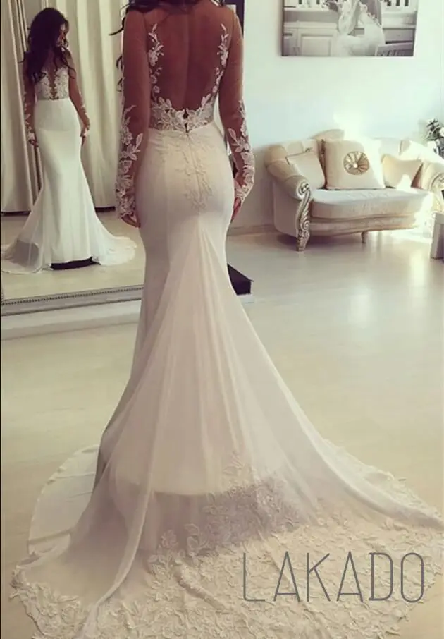 Custom Made Classic Mermaid Sheer Long Sleeves Appliques Wedding Dresses