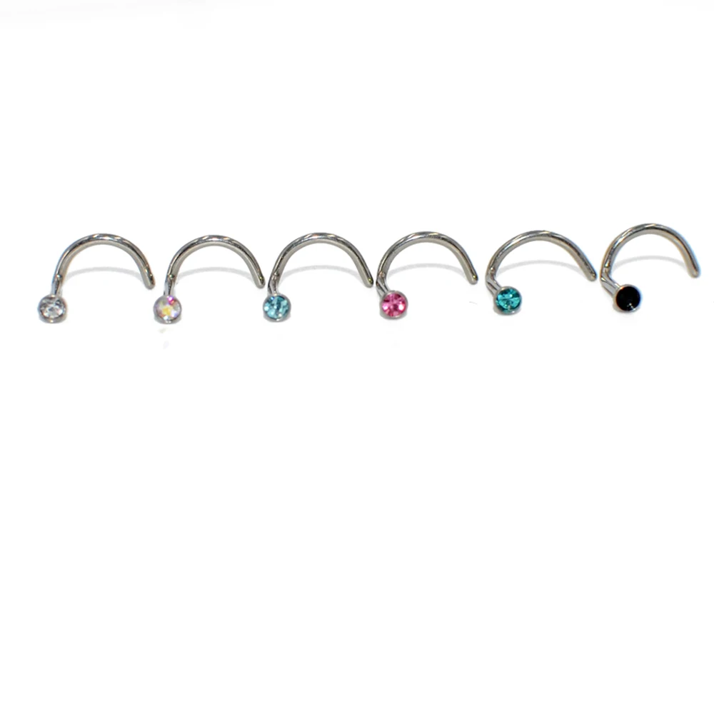 2PCS G23 Titanium Opal CZ Gem Curved Screw Nose Pin Stud Ring L Shape Crystal Opal Nose Bone Ring Fashion Body Piercing Jewelry