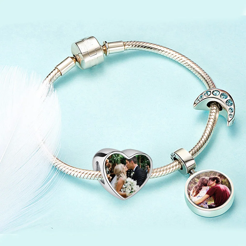 ELESHE-Cuentas de Plata de Ley 925 con foto personalizada, abalorios de corazón de gato y perro, compatibles con pulseras originales, joyería artesanal