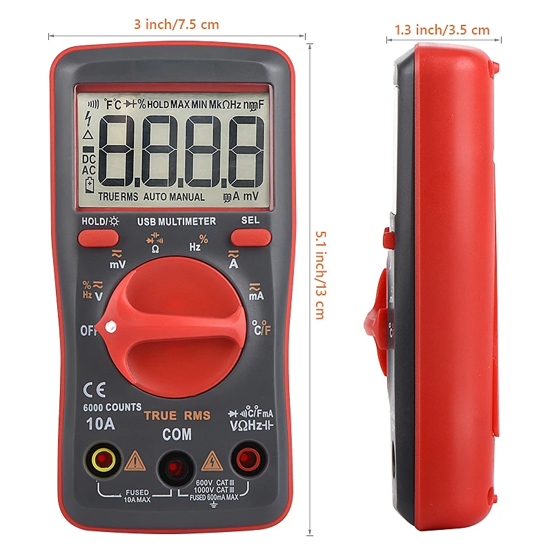 Profesional Digital Multimeter USB Mini Tester AC/DC Current Voltage Capacimeter OHM Frequency Auto Range 6000 Counts TURE RMS