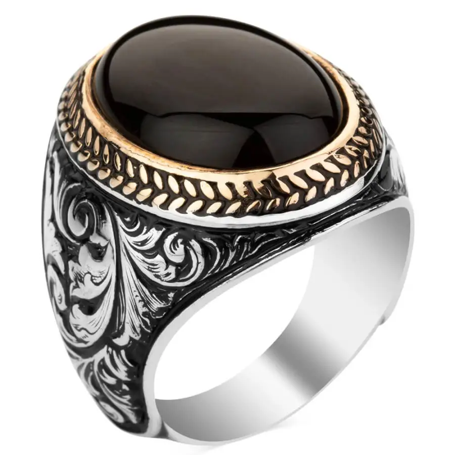 Sterling Silver Intricately Inlaid Mens Ring with Black Onyx Stone Fashion Turkish Premium Quality Handmade Jawelery