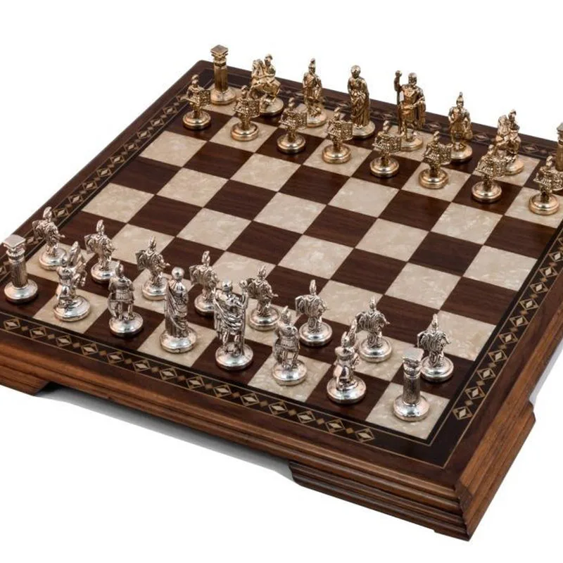 Solid Wood Luxury Chess Game Set - Mosaic Engraved - Large Walnut Chessboard & Metal Figures - Backgammon - Rummy Oyunlar