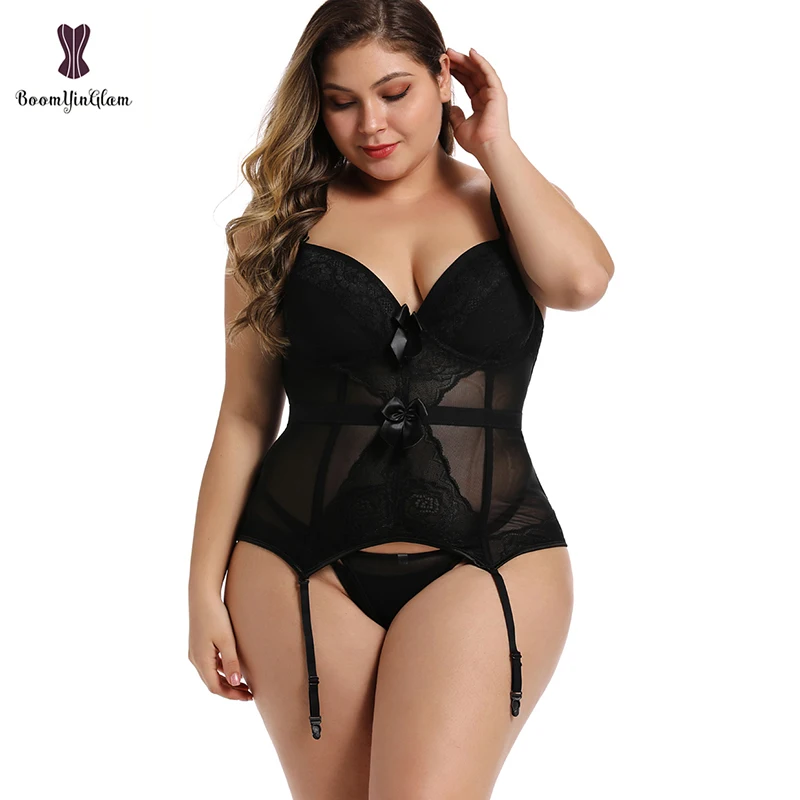 Plus Size Underwear Women Nightwear Clothing Blue Red Lingerie Corset Slimming Body Shapewear Mesh Bustier With Strap And Hook