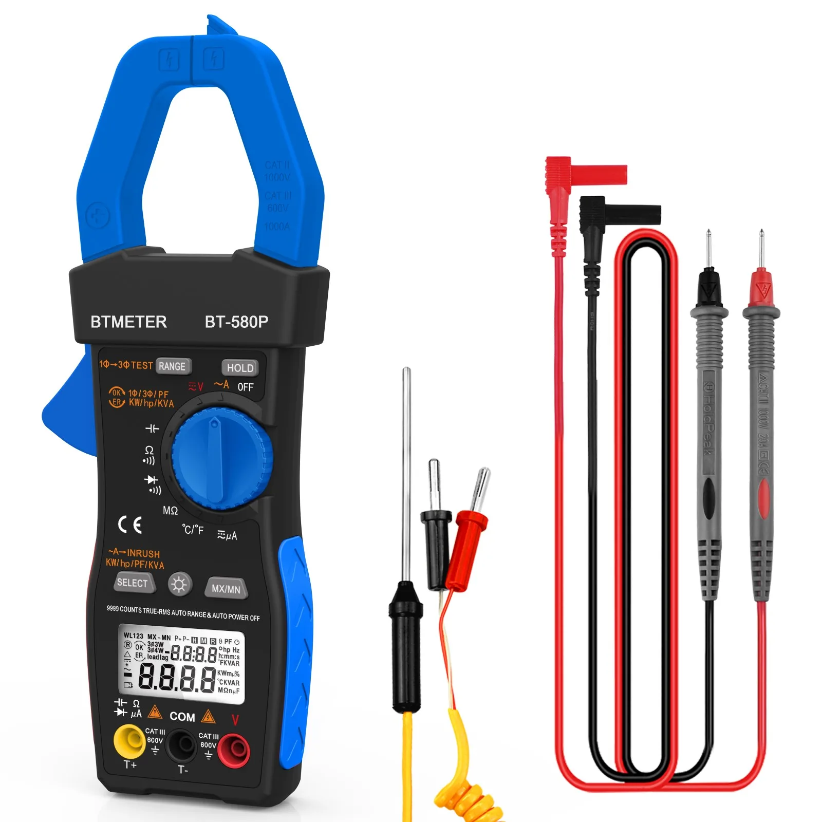 Btmeter Bt580p 1-phase 3-phase Power Clamp Meter dc ac Atual Digital Clamp Meter Multímetro Rms Verdadeiro Acv Aca kw kv a.