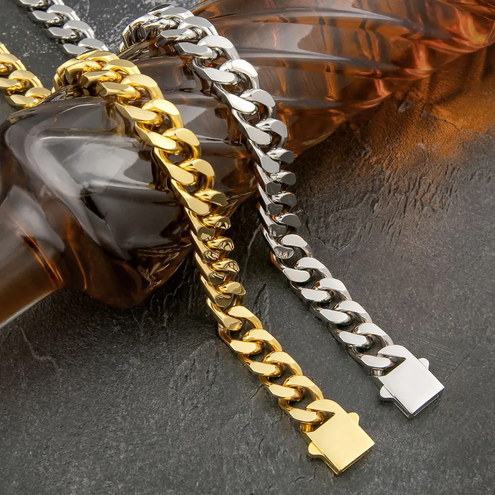 18k Gold Plated Chunky Necklace High Polished Stainless Steel Miami Flat Curb Cuban Link Chain For Men