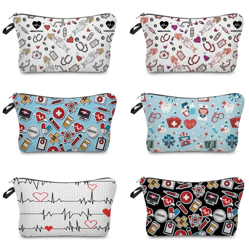 Imagen 1 del producto Gran oferta de bolsas de cosméticos con estampado ECG de enfermera para mujer, bolsos de almacenamiento portátiles de viaje informales encantadores, bolsa de maquillaje, bolsas de aseo para mujer